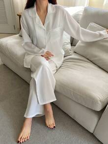 DAZY Bộ đồ ngủ nữ dáng rộng, thanh lịch, chất liệu satin jacquard kẻ sọc và ren phối hợp, thích hợp cho kỳ nghỉ hè. - trắng - Xem 5