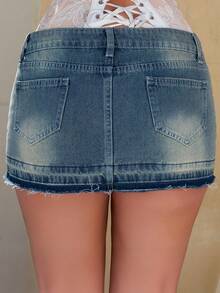 Bris Aura 女式休闲破洞低腰迷你牛仔裙 - 藍色 - 查看 6