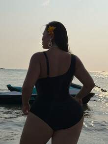 Swim Vcay 大码女式纯色镂空连体泳衣 - 黑色 - 查看 2