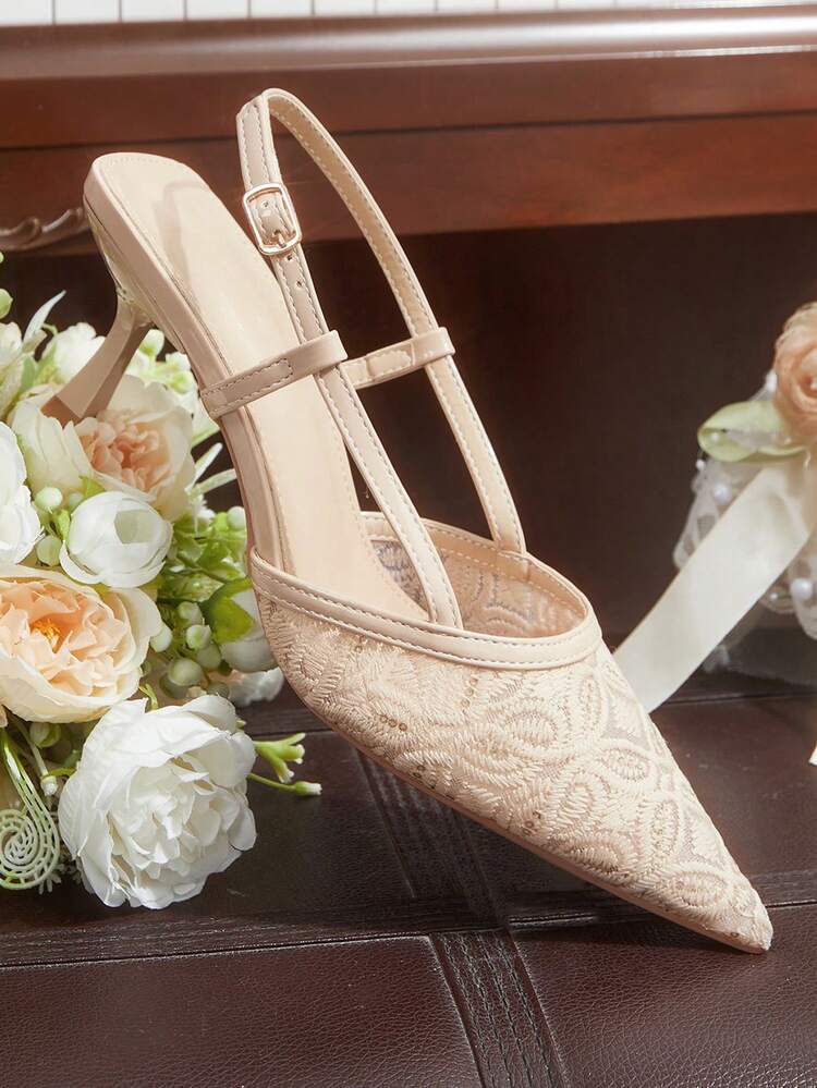 CUCCOO HITCHD Women's Shoes Pointed Mesh Apricot Embroidery Pattern Rhinestone Decorative Rear Strap Fashionable Wear Stiletto High Heel Sandals