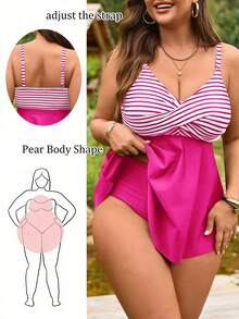 Swim Lushoire 大码女式两件套条纹印花吊带背心和高腰比基尼泳裤，夏季海滩度假 - 彩色 - 查看 1