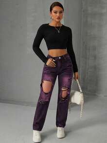 SHEIN EZwear 女士休闲时尚破洞紫色紧身牛仔裤 - 黑色 - 查看 4
