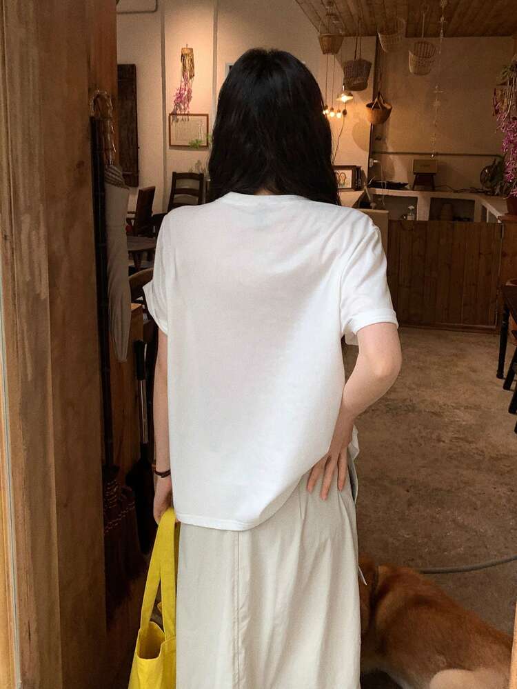 Women's Round Neck Korean Style Heart & Letter Print Short Sleeve T-Shirt
