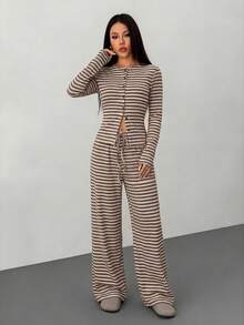 SHEIN PETITE 2pcs Women Casual Striped Front Button Long Sleeve Top And Wide Leg Pants Set, Spring And Summer - Multicolor - View 3
