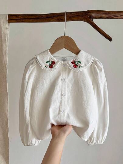 LMoss Kids Camisa Casual com Gola Peter Pan Tecida de Cor Sólida para Meninas, Camisa de Manga Longa com Estampa de Morango para Meninas