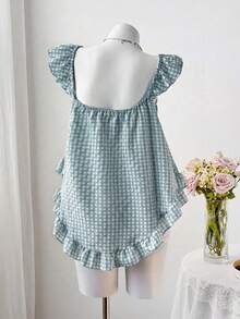 Sweetra Summer New Pink Plaid Asymmetrical Ruffle Design Fashionable Sleeveless Camisole - Baby Blue - View 2
