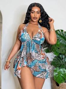 Conjunto de traje de baño con estampado animal para tallas grandes - Multicolor - Ver 3