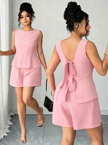 Elenzga Women's Pink Sleeveless 2-Piece Set, Backless Bow Tie Waist Top + Shorts, Suitable For Dates Evening Tea Party, Shopping, Parties, Chic Style Elegant - Baby Pink - View 1