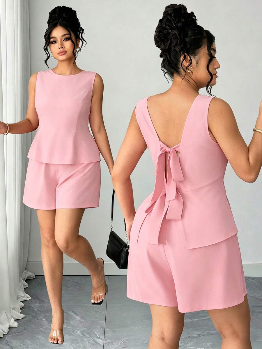 Elenzga Women's Pink Sleeveless 2-Piece Set, Backless Bow Tie Waist Top + Shorts, Suitable For Dates Evening Tea Party, Shopping, Parties, Chic Style Elegant - Baby Pink - View 1