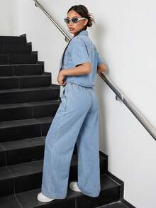 SHEIN 2Pcs Teen Girls Fashion Casual Y2k Vintage Cool Street Light Blue Denim Loose Short-Sleeved Shirt And Loose Comfortable Jeans Two Pieces Set For Kids Clothes Teen Girls Dailywear And Kids Summer To Rave Outfits Festival And Outfits Streetwear Clothes Day Light Blue - Blue - View 2