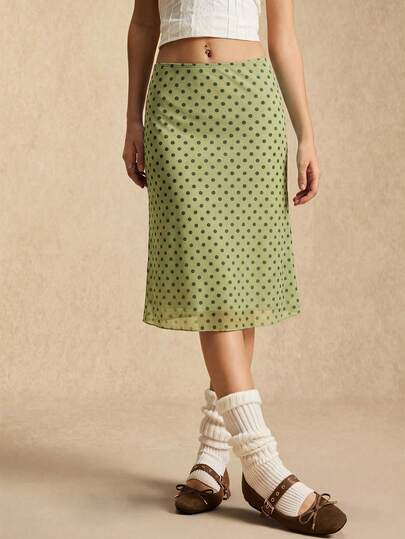 Easelle Green Polka Dot Mesh Skirt, Green Mesh, Retro Casual Style, Spring/Summer 2026