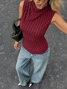 Siren Gaze Áo tank top nữ kẻ sọc cổ bẻ xếp ly ôm dáng thường ngày - Màu Đỏ Sâu - Xem 11