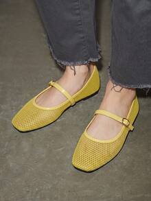 Bailarinas de malla para mujer, cómodas y transpirables con punta cuadrada, zapatos planos con suela suave y de moda - Amarillo - Ver 2