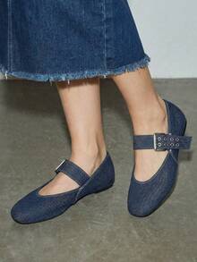 2025秋季2024春夏新款欧美方头一脚蹬平底鞋百搭女式软皮奶奶鞋 - 藍色 - 查看 3