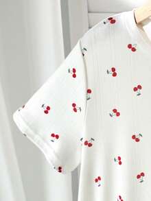 SHEIN Áo ngủ tay ngắn dáng rộng in hình quả anh đào dành cho bé gái tuổi teen. - trắng - Xem 5
