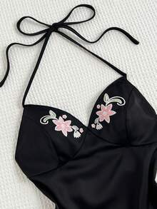 Elamini Áo tank top cổ chữ V hở lưng, chất liệu satin đen jacquard thêu hoa, thích hợp cho nữ mùa hè, ngọt ngào, dễ thương, lãng mạn, cổ điển, phù hợp mặc đi biển, hẹn hò hàng ngày. - màu đen - Xem 7