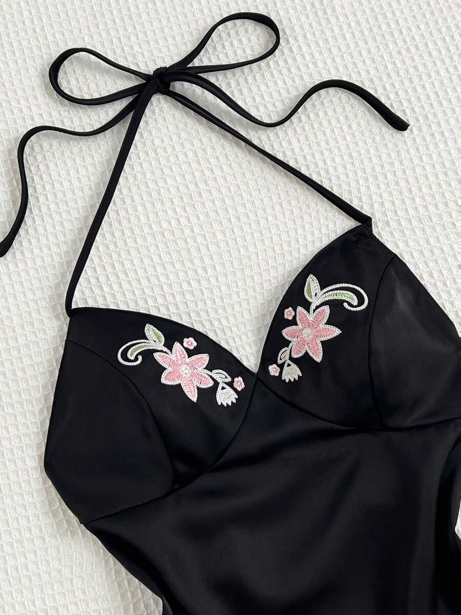 Elamini 黑色缎面提花花卉刺绣V领露背吊带背心，女士夏季甜美可爱浪漫复古风，纯休闲海滩日常约会百搭款 - 黑色 - 查看 1