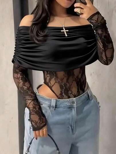 Rafferiza 女士性感透视蕾丝露肩连体衣，纯色蕾丝拼接透视性感连体衣，适合日常穿着、约会、单身派对、舞台表演、女士沙滩装、女士沙滩度假装，适合春夏穿着，黑色女士连体衣