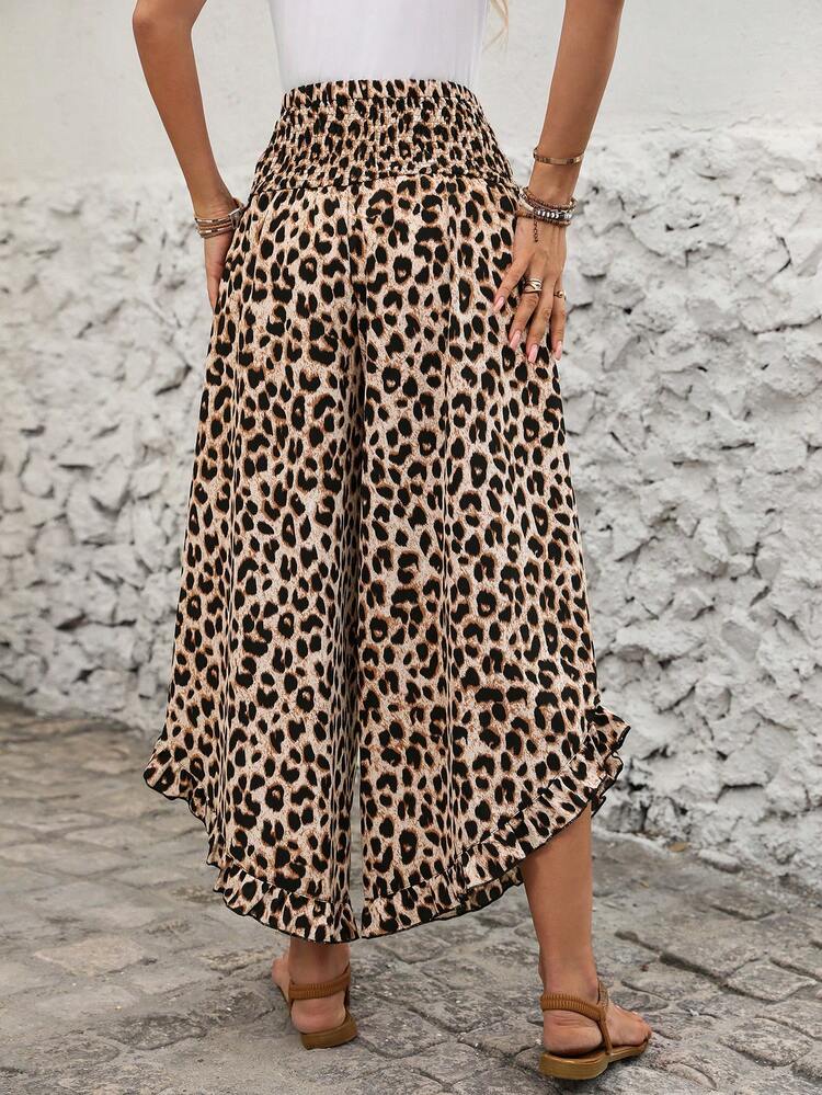 Women's Casual Leopard Print Wide Leg Pants With Ruffle Hem, Summer Leopard Long Skirt Boho Skirts For Women Flowy Pants