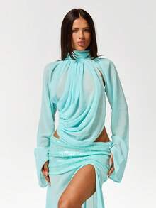 SHEIN ICON 女士宽松度假休闲蝙蝠袖上衣，高领露背褶皱细节衬衫，优雅外出之选 - 淺藍色 - 查看 9