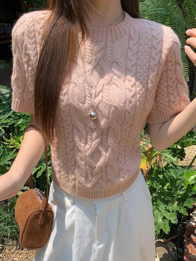 DAZY 女士纯色短款圆领短袖针织纹理夏季休闲轻薄毛衣