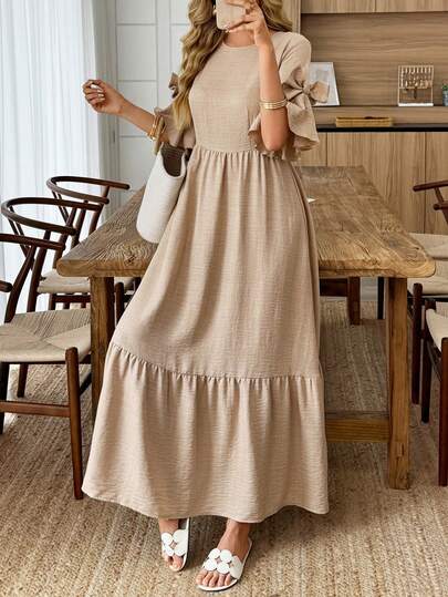 Louniche Vestido largo de cintura alta con cuello redondo, manga corta, volantes y lazo, estilo casual para vacaciones, uso al aire interior, primavera/verano