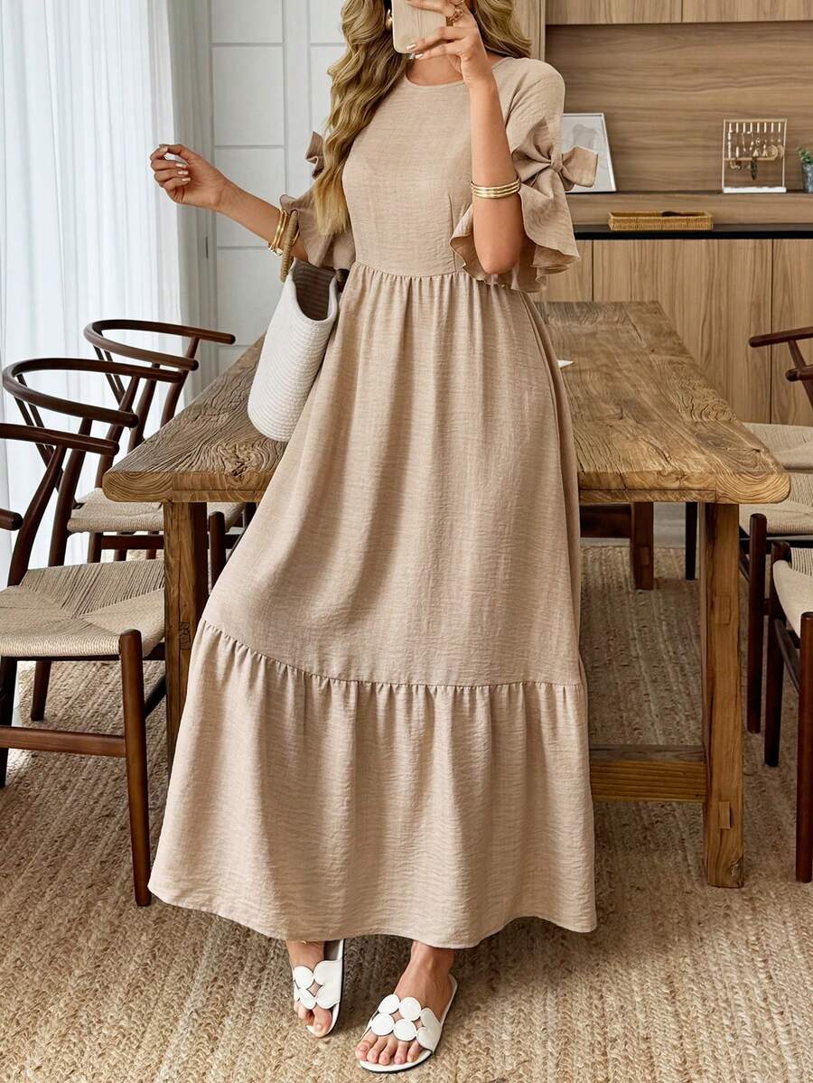 EMERY ROSE Women's Casual Vacation Outdoor & Indoor Round Neck Ruffle Bow Tie Short Sleeve High Waist A-Line Long Dress, Spring/Summer - Khaki - View 1