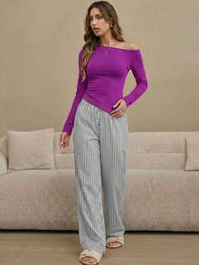 HautHeat Women's Solid Color Asymmetrical Collar Long Sleeve Fitted Top And Striped Print Pants Pajama Set, Spring/Autumn - Purple - View 3