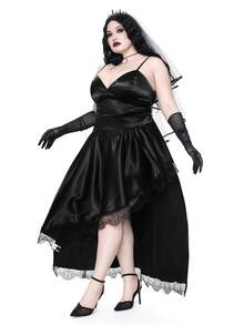 ROMWE Gaun Pesta Pernikahan Gothic Musim Panas, Leher V Dalam, Hem Asimetris, Ruffle, Satin & Patchwork Renda, Ukuran Plus untuk Wanita - Hitam - View 11