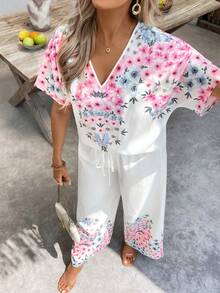 SHEIN Clasi Ensemble 2 pièces décontracté pour femmes, chemise à manches courtes à imprimé floral et pantalon large - Rose bonbon - Voir 5