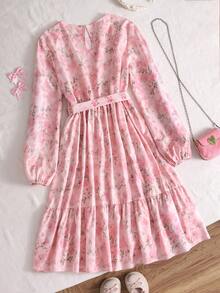 Teen Girls' Casual All-Over Print Long Sleeve Dress, Summer - Pink - View 2