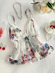 Elamini Conjunto de 2 piezas de mujer para el verano con camiseta de gasa con estampado digital, adorno de lazo y encaje, y shorts con volantes en el bajo - Multicolor - View 3