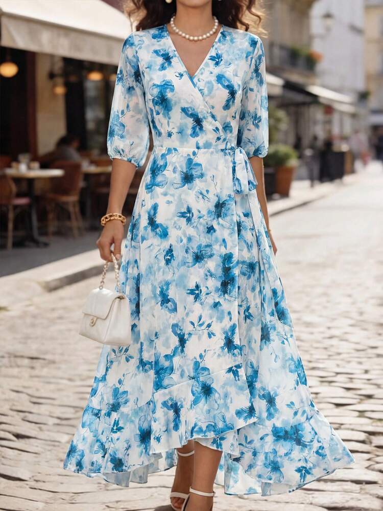 Women's Floral Print Overlap V-Neck Petal Sleeve Elegant Dress,Vacation Dresses,Summer Holiday Outfits,Elegant Dresses For Women Elegant Floral Dresses For Women,Graduation Outfit For Mother, Ruffle Dress,Summer Outfits For Women