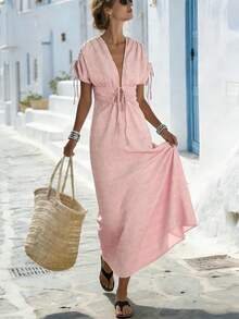 Breezaya 女士V领蝴蝶结露肩长裙 - 淺粉色 - 查看 8