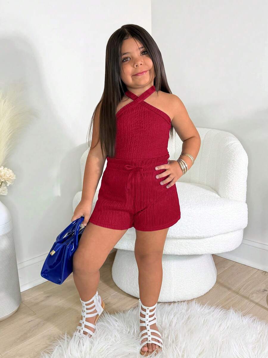 Young Girl Bright Blue Texture Halter Top And Shorts Set, Vacation - Red - View 1