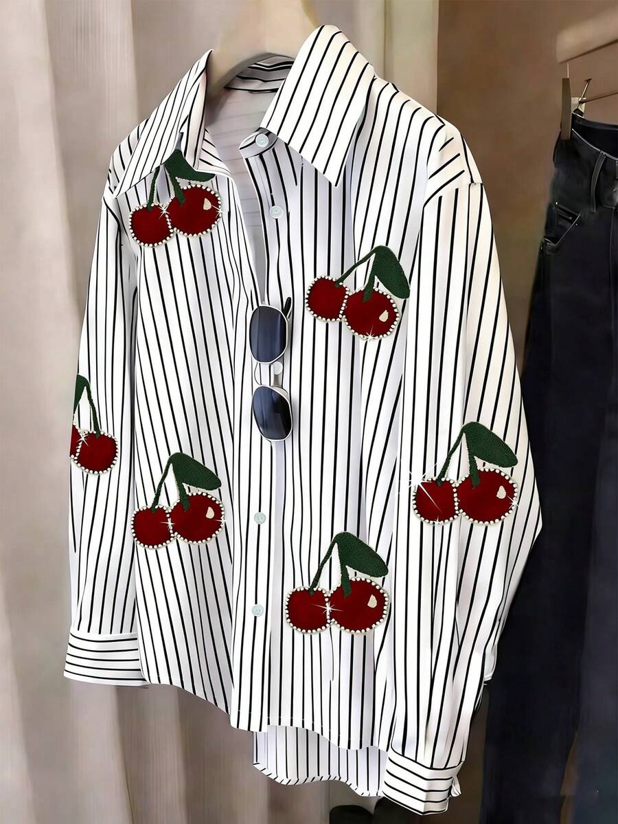 Resyla Plus Size Striped Rhinestone Embellished Shirt, Spring/Summer Clothing - Multicolor - View 1