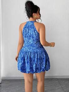 SHEIN Clasi Plus Size Women's Summer Elegant Navy Blue Floral Print Halter Short Dress, Beach Vacation Theme Party Retro Ruffle Hem - Blue - View 4