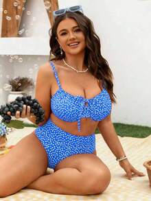 Swim Mod Plus Size Women's Sweet & Cute Minimalist Beach Vacation Casual Random Ditsy Floral Ruffled Underwire Adjustable Strap 2-Piece Swimwear Set - Blue - View 4
