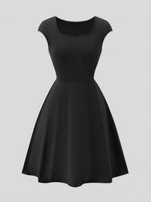 Vestido negro de cuello cuadrado ajustado para adolescentes, versátil para primavera/verano y vacaciones, ajuste ceñido y adecuado para salidas, fiestas y diversas ocasiones - Negro - Ver 3