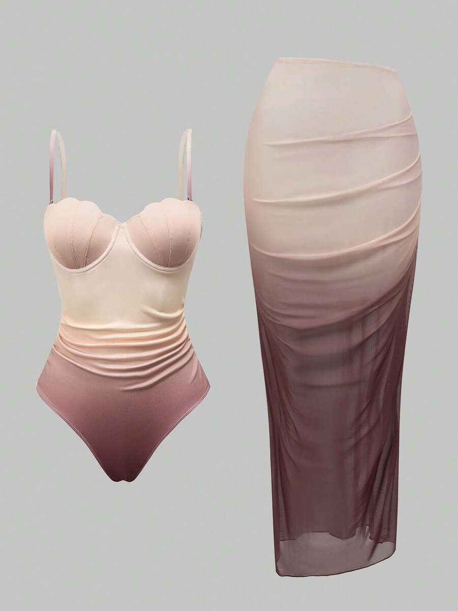 SHEIN Swim Oasis Bộ đồ 2 mảnh dành cho nữ, gồm áo liền quần in họa tiết vỏ sò chuyển màu và chân váy maxi xếp ly, thích hợp cho kỳ nghỉ xuân/hè. - Nhiều màu - Xem 1