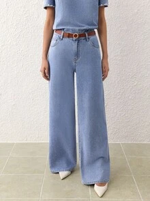 Selenza Bộ quần jean ống rộng và áo tay ngắn đính đá thời trang đi làm cho nữ - Màu xanh lam - Xem 4