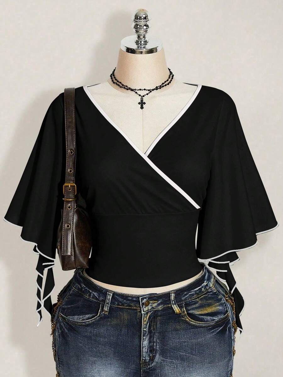 SHEIN ICON 大码女式V领撞色休闲日常T恤 - 彩色 - 查看 1