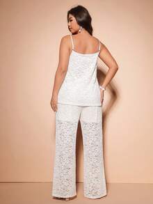 Cravure Plus Size Lace Patchwork Solid Color Camisole And Pants 2 Pieces Set - White - View 2