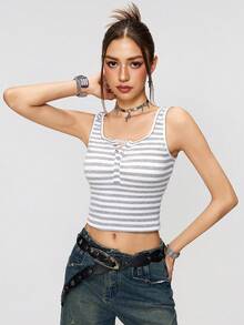 INAWLY Sommer Neu Sexy Spitze Dekor Mehrschichtig Knopf Grau Gestreift Metall Knopf Kurzes Top, Y2K Stil Top, Damen Resort Tragen, Strand Tank, Damen Strand Outfit, Sommer Top, Sommer Outfit, Grau Top - Aprikosenfarben - Übersicht 5