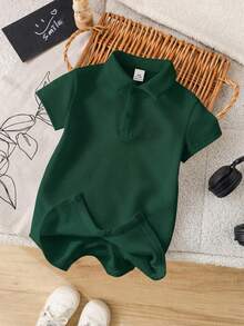 SHEIN Newborn Baby Boy/Girl Soft Casual Knit Romper,Dark Green,Summer,Family Matching,Short Sleeve Comfortable Polo Jumpsuit For Party,Wedding,Baby Shower - Green - View 5