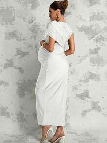 MaterniChic Elegant Solid Color Maternity Dress For Summer - White - View 10
