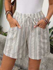 Faunlyn 女士休闲条纹印花抽绳腰宽松短裤，适合夏季度假和日常通勤 - 彩色 - 查看 6