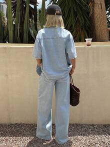 Livesso Women's Short Sleeve Top And Denim Pants Set - Blue - View 2