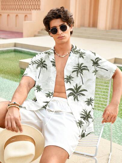 Manfinity VDAYZ 男士植物印花纽扣短袖衬衫和纯色短裤休闲沙滩套装