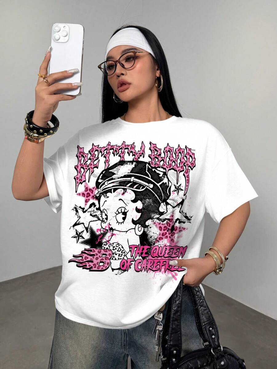 Betty Boop x SHEIN 大码女式圆领短袖T恤,印花图案,适合日常和户外穿着 - 白色 - 查看 1